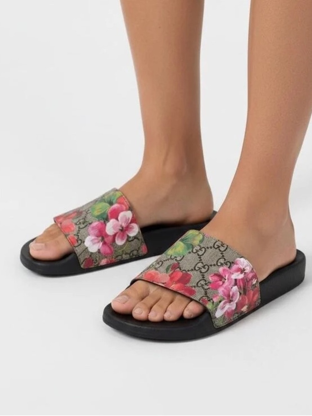 Authentic Gucci Bloom Slide Sandals with GG Floral Monogram Strap Sz 36